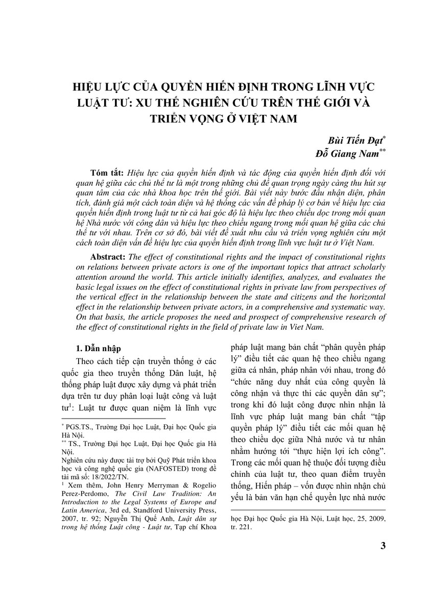 HIỆU LỰC CỦA QUYỀN HIẾN ĐỊNH TRONG LĨNH VỰC LUẬT TƯ: XU THẾ NGHIÊN CỨU TRÊN THẾ GIỚI VÀ TRIỂN VỌNG Ở VIỆT NAM