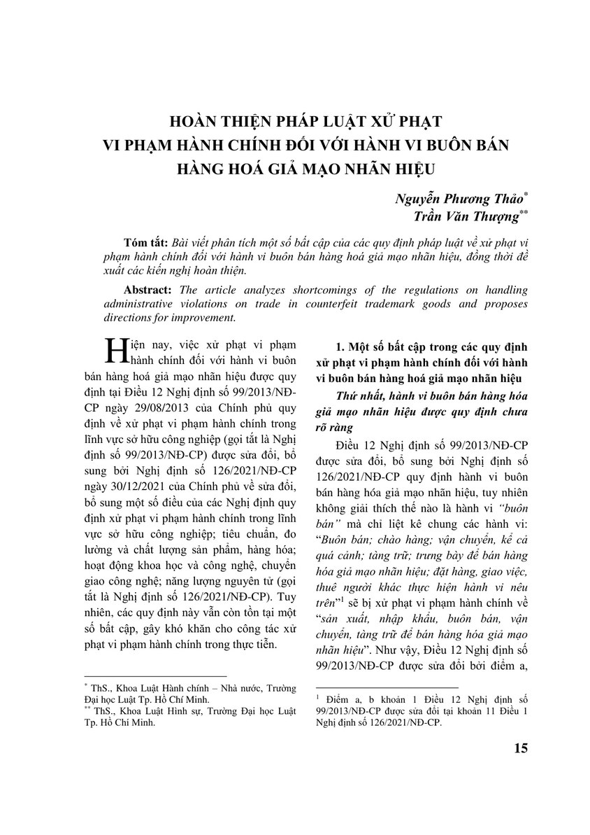 HOÀN THIỆN PHÁP LUẬT XỬ PHẠT VI PHẠM HÀNH CHÍNH ĐỐI VỚI HÀNH VI BUÔN BÁN HÀNG HOÁ GIẢ MẠO NHÃN HIỆU