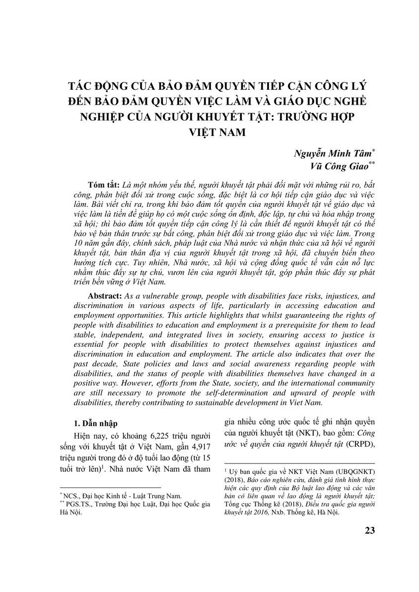 TÁC ĐỘNG CỦA BẢO ĐẢM QUYỀN TIẾP CẬN CÔNG LÝ ĐẾN BẢO ĐẢM QUYỀN VIỆC LÀM VÀ GIÁO DỤC NGHỀ NGHIỆP CỦA NGƯỜI KHUYẾT TẬT: TRƯỜNG HỢP VIỆT NAM