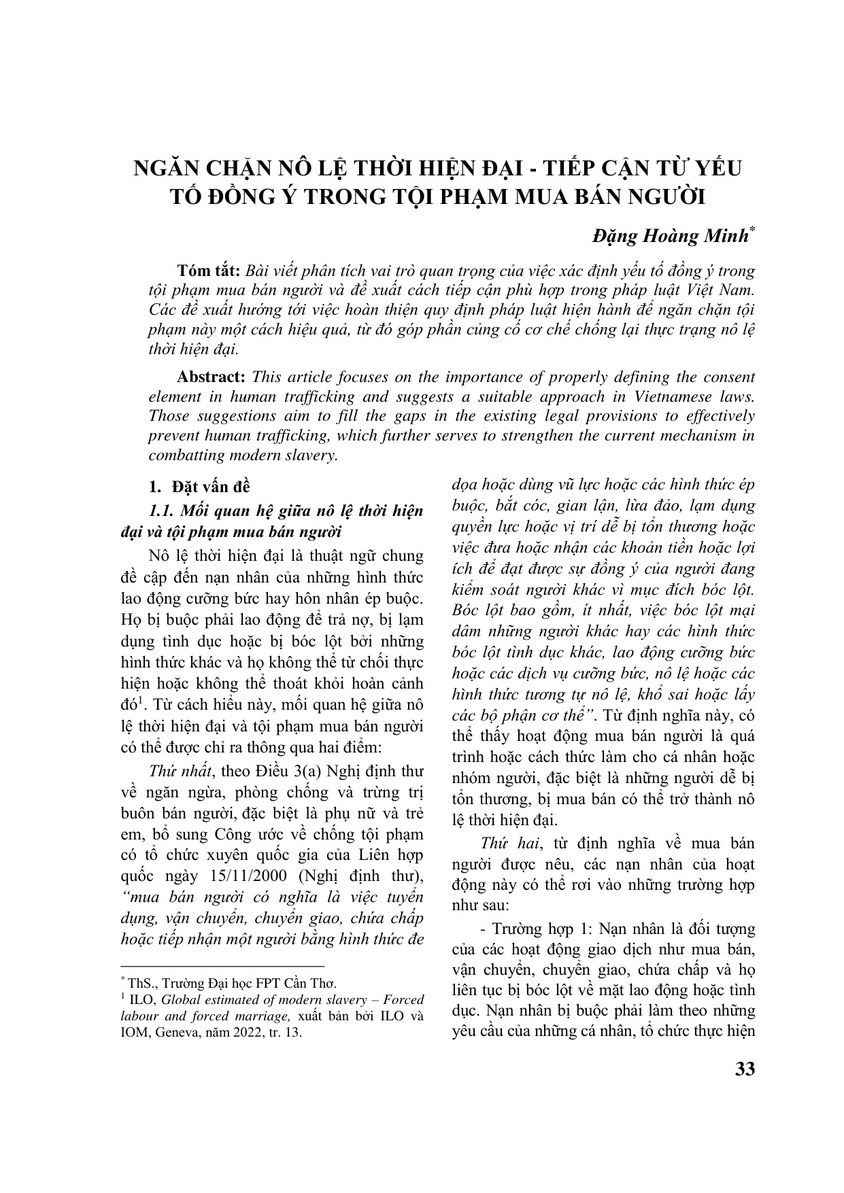NGĂN CHẶN NÔ LỆ THỜI HIỆN ĐẠI - TIẾP CẬN TỪ YẾU TỐ ĐỒNG Ý TRONG TỘI PHẠM MUA BÁN NGƯỜI