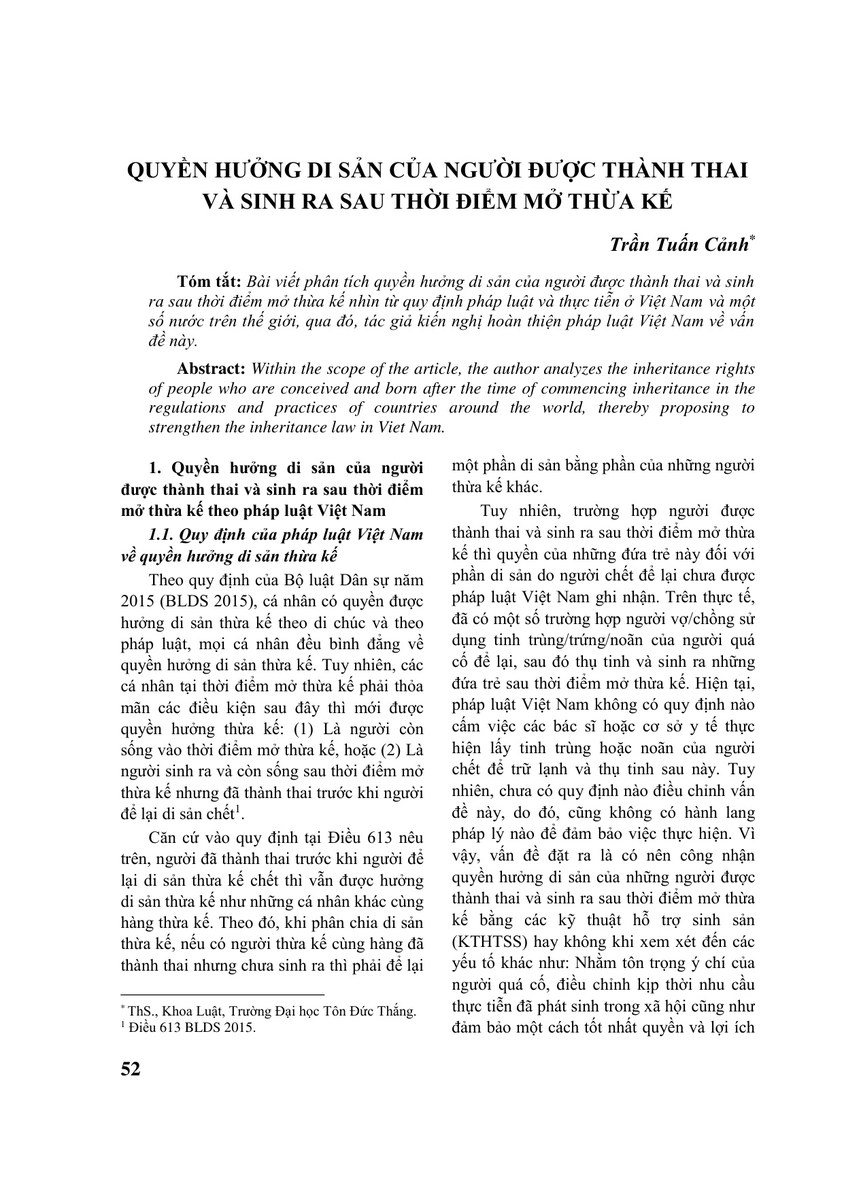 QUYỀN HƯỞNG DI SẢN CỦA NGƯỜI ĐƯỢC THÀNH THAI VÀ SINH RA SAU THỜI ĐIỂM MỞ THỪA KẾ
