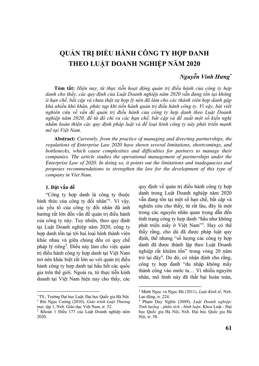 QUẢN TRỊ ĐIỀU HÀNH CÔNG TY HỢP DANH THEO LUẬT DOANH NGHIỆP NĂM 2020
