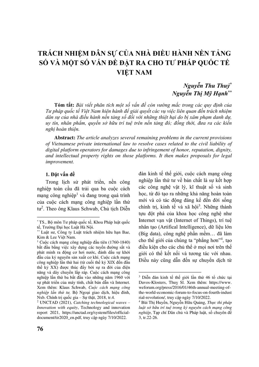 TRÁCH NHIỆM DÂN SỰ CỦA NHÀ ĐIỀU HÀNH NỀN TẢNG SỐ VÀ MỘT SỐ VẤN ĐỀ ĐẶT RA CHO TƯ PHÁP QUỐC TẾ VIỆT NAM