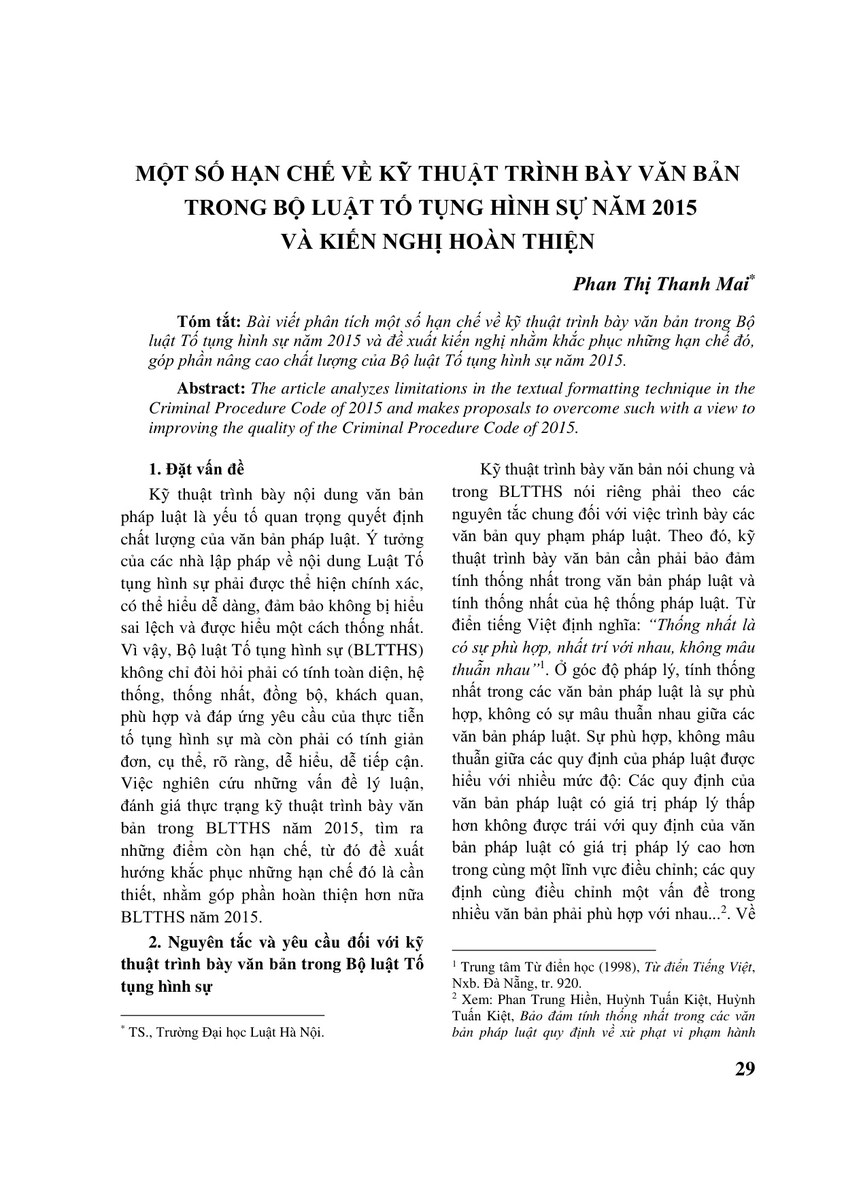 MỘT SỐ HẠN CHẾ VỀ KỸ THUẬT TRÌNH BÀY VĂN BẢN TRONG BỘ LUẬT TỐ TỤNG HÌNH SỰ NĂM 2015 VÀ KIẾN NGHỊ HOÀN THIỆN