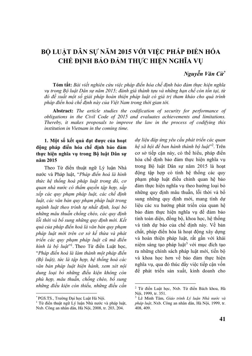 BỘ LUẬT DÂN SỰ NĂM 2015 VỚI VIỆC PHÁP ĐIỂN HÓA CHẾ ĐỊNH BẢO ĐẢM THỰC HIỆN NGHĨA VỤ