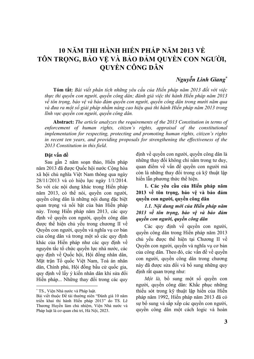 10 NĂM THI HÀNH HIẾN PHÁP NĂM 2013 VỀ TÔN TRỌNG, BẢO VỆ VÀ BẢO ĐẢM QUYỀN CON NGƯỜI, QUYỀN CÔNG DÂN