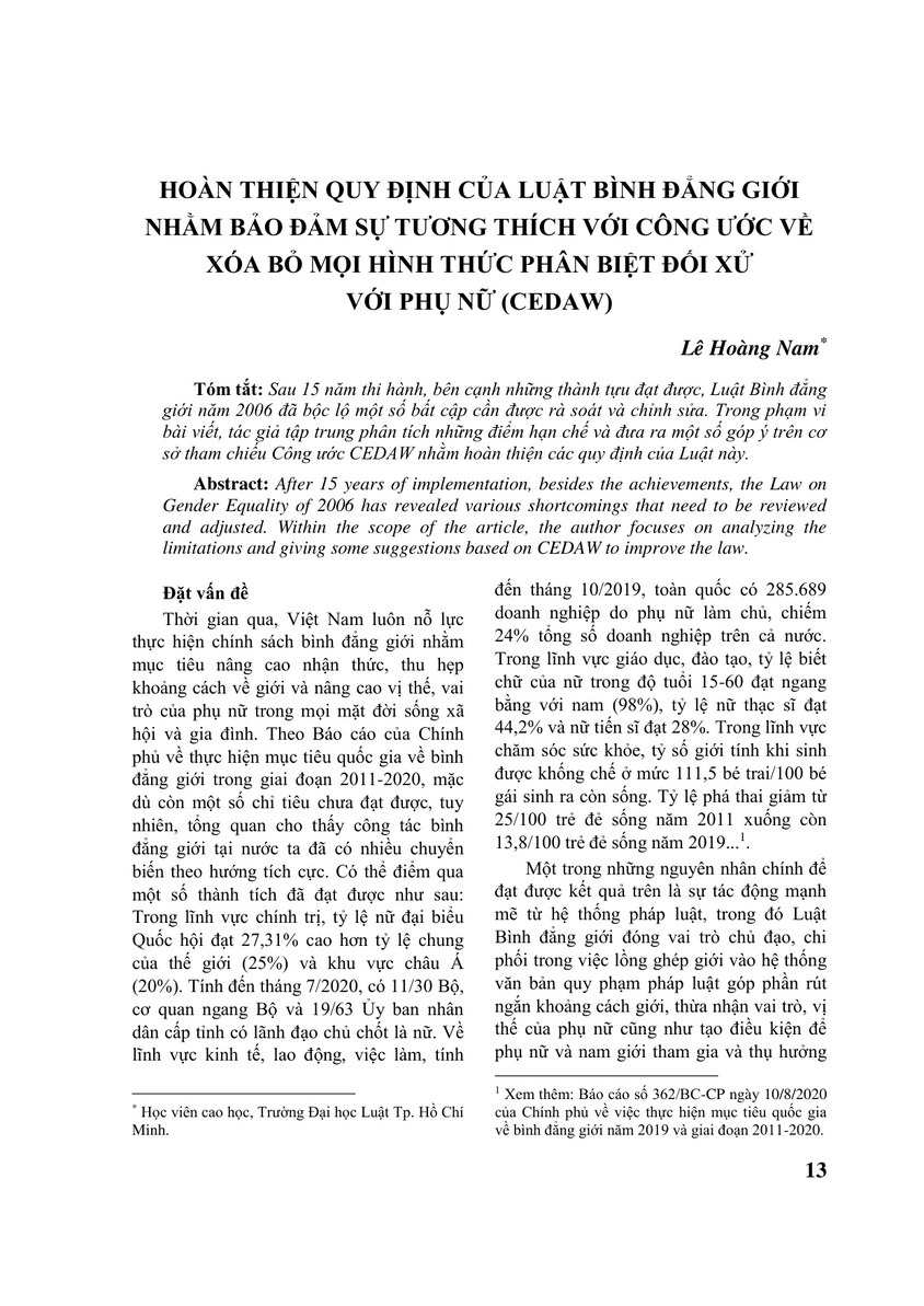 HOÀN THIỆN QUY ĐỊNH CỦA LUẬT BÌNH ĐẲNG GIỚI NHẰM BẢO ĐẢM SỰ TƯƠNG THÍCH VỚI CÔNG ƯỚC VỀ XÓA BỎ MỌI HÌNH THỨC PHÂN BIỆT ĐỐI XỬ VỚI PHỤ NỮ (CEDAW)