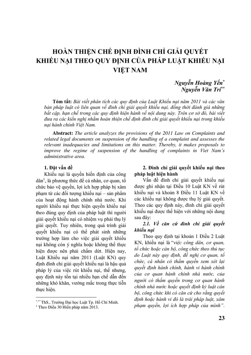 HOÀN THIỆN CHẾ ĐỊNH ĐÌNH CHỈ GIẢI QUYẾT KHIẾU NẠI THEO QUY ĐỊNH CỦA PHÁP LUẬT KHIẾU NẠI VIỆT NAM