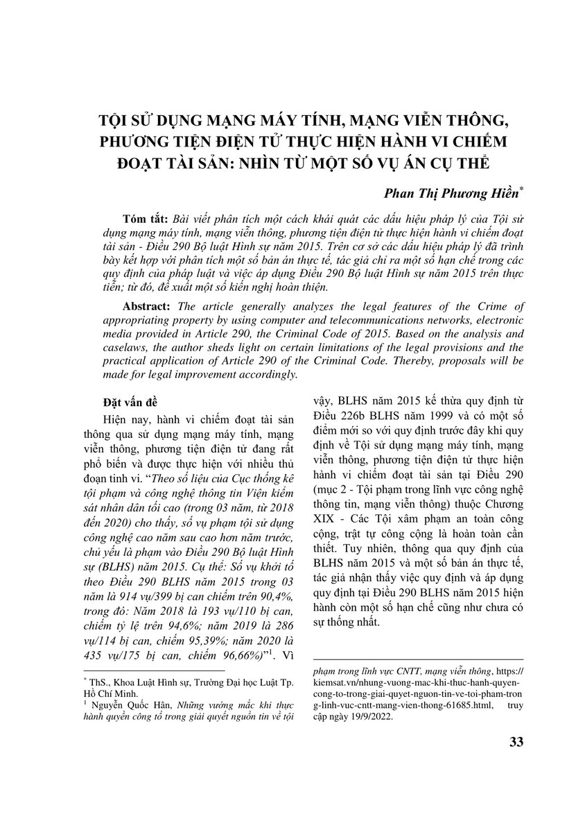 TỘI SỬ DỤNG MẠNG MÁY TÍNH, MẠNG VIỄN THÔNG, PHƯƠNG TIỆN ĐIỆN TỬ THỰC HIỆN HÀNH VI CHIẾM ĐOẠT TÀI SẢN: NHÌN TỪ MỘT SỐ VỤ ÁN CỤ THỂ