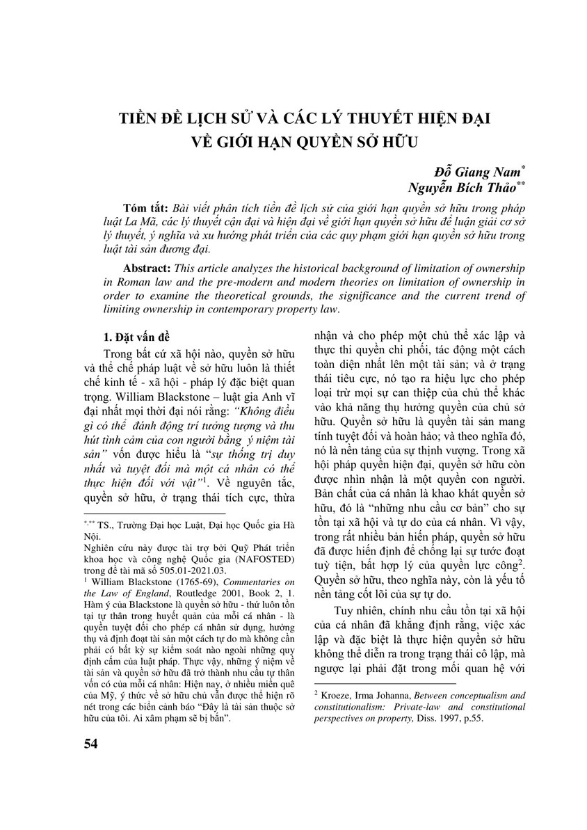 TIỀN ĐỀ LỊCH SỬ VÀ CÁC LÝ THUYẾT HIỆN ĐẠI VỀ GIỚI HẠN QUYỀN SỞ HỮU