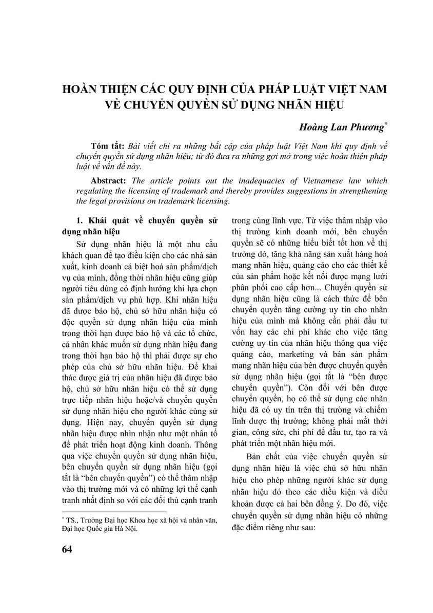 HOÀN THIỆN CÁC QUY ĐỊNH CỦA PHÁP LUẬT VIỆT NAM VỀ CHUYỂN QUYỀN SỬ DỤNG NHÃN HIỆU