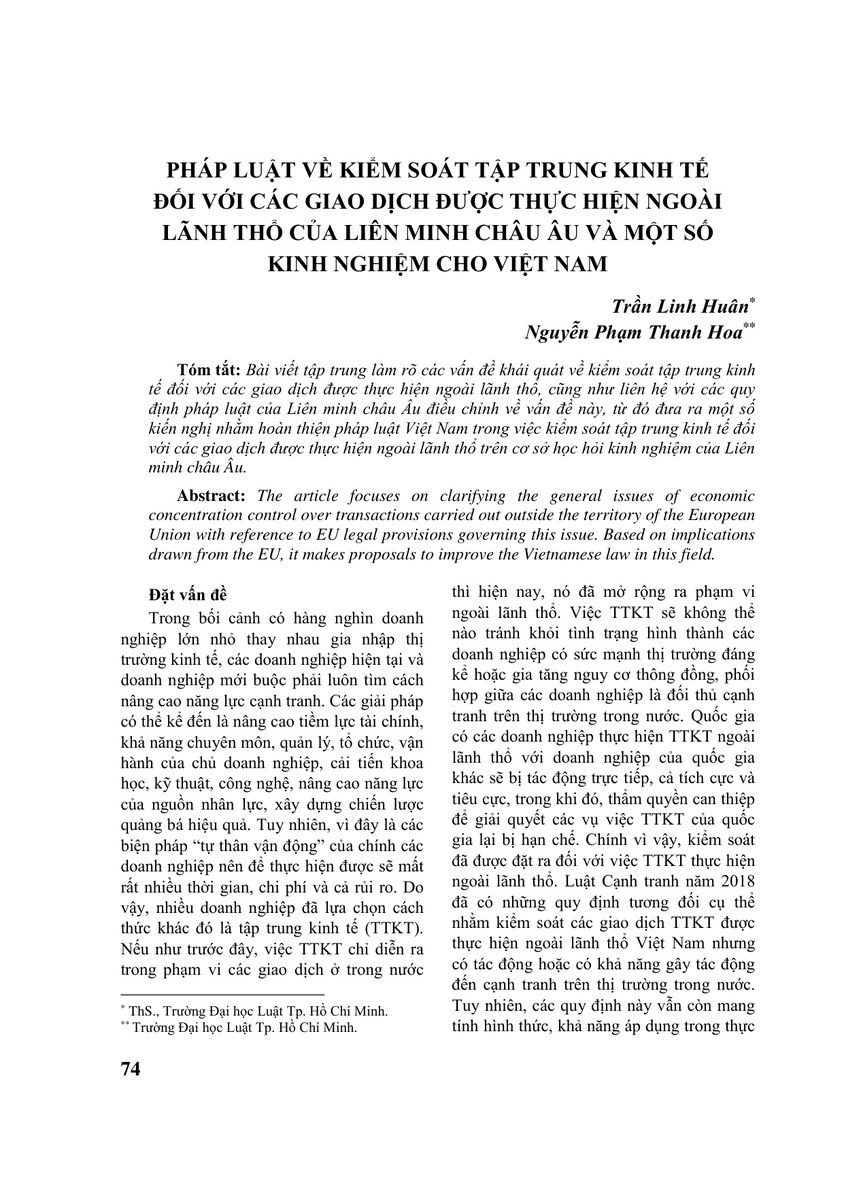 PHÁP LUẬT VỀ KIỂM SOÁT TẬP TRUNG KINH TẾ ĐỐI VỚI CÁC GIAO DỊCH ĐƯỢC THỰC HIỆN NGOÀI LÃNH THỔ CỦA LIÊN MINH CHÂU ÂU VÀ MỘT SỐ KINH NGHIỆM CHO VIỆT NAM
