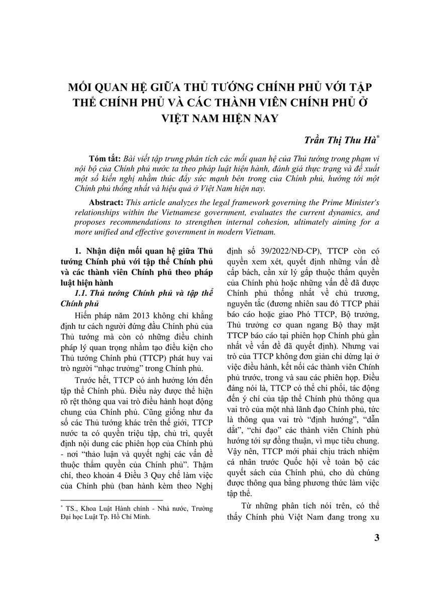 MỐI QUAN HỆ GIỮA THỦ TƯỚNG CHÍNH PHỦ VỚI TẬP THỂ CHÍNH PHỦ VÀ CÁC THÀNH VIÊN CHÍNH PHỦ Ở VIỆT NAM HIỆN NAY