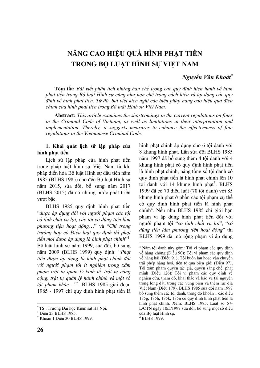 NÂNG CAO HIỆU QUẢ HÌNH PHẠT TIỀN TRONG BỘ LUẬT HÌNH SỰ VIỆT NAM