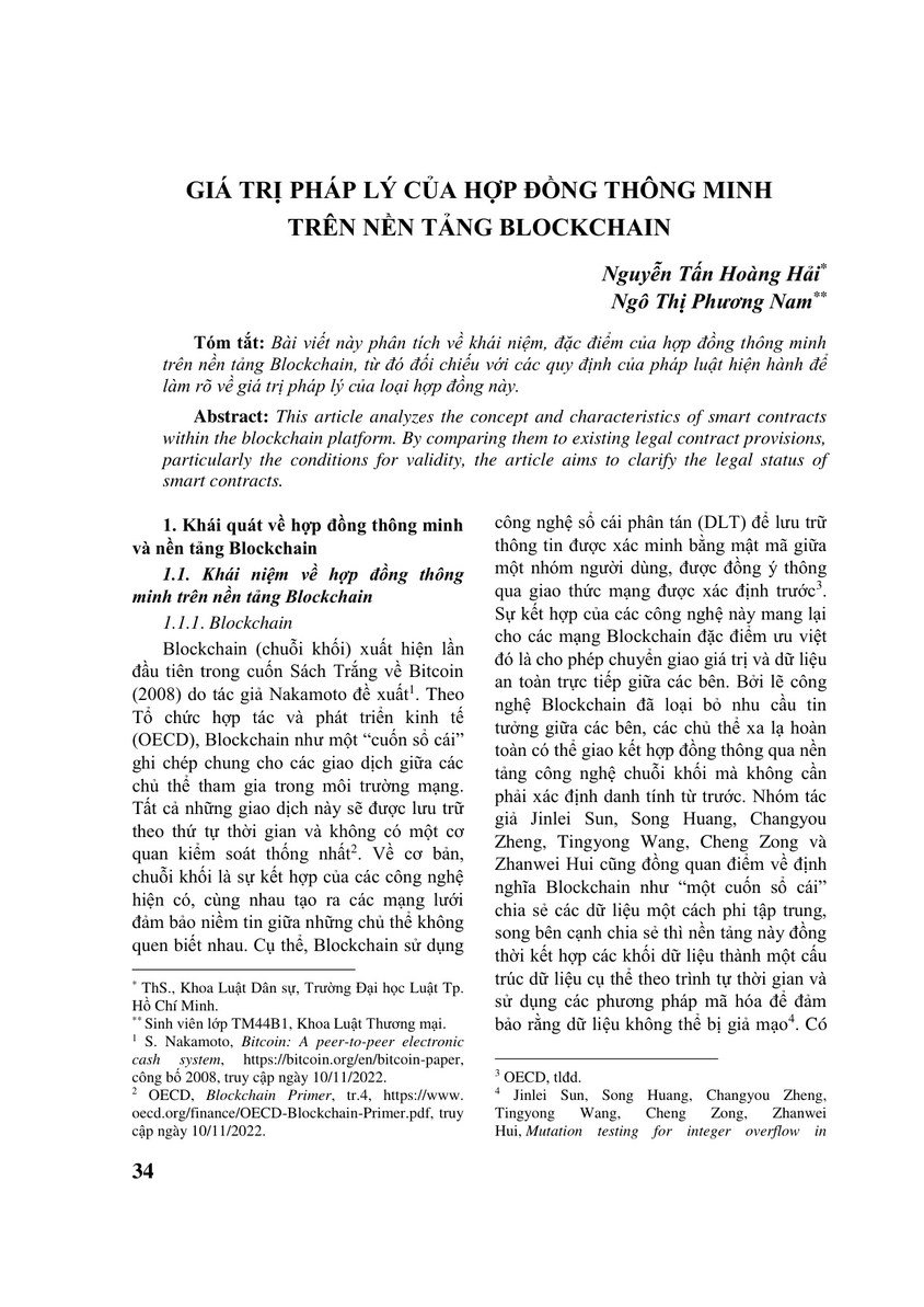 GIÁ TRỊ PHÁP LÝ CỦA HỢP ĐỒNG THÔNG MINH TRÊN NỀN TẢNG BLOCKCHAIN