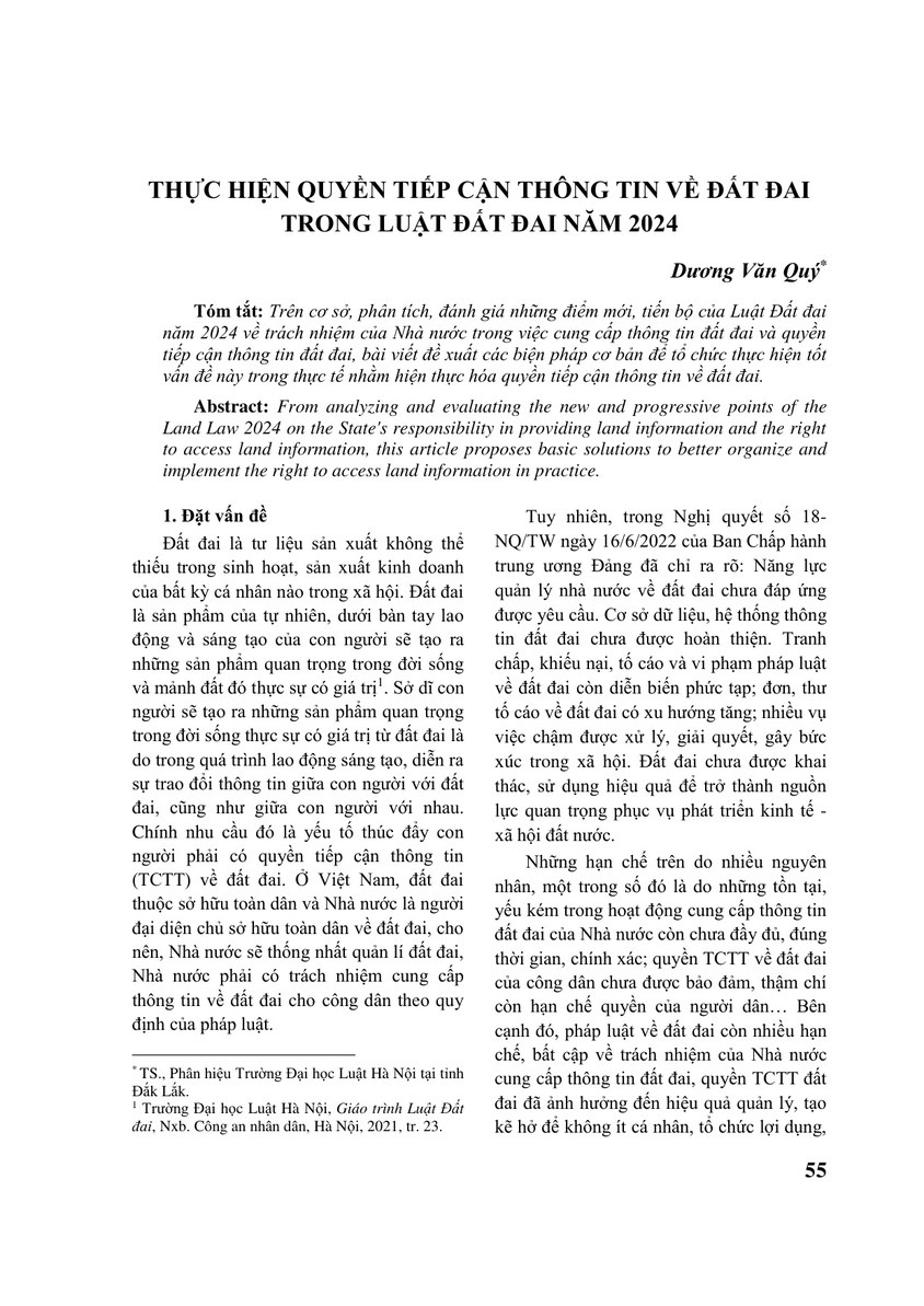 THỰC HIỆN QUYỀN TIẾP CẬN THÔNG TIN VỀ ĐẤT ĐAI TRONG LUẬT ĐẤT ĐAI NĂM 2024