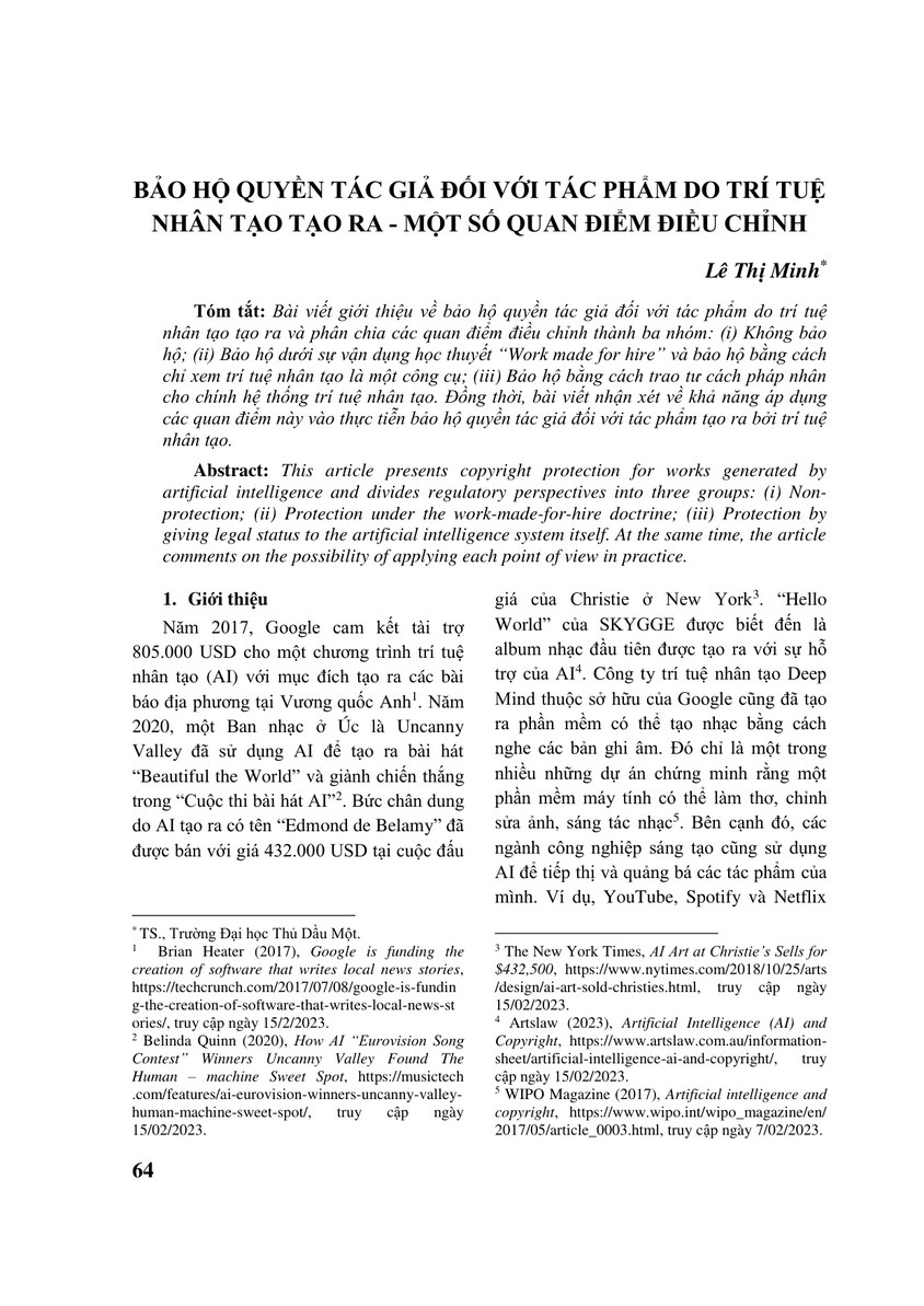 BẢO HỘ QUYỀN TÁC GIẢ ĐỐI VỚI TÁC PHẨM DO TRÍ TUỆ NHÂN TẠO TẠO RA - MỘT SỐ QUAN ĐIỂM ĐIỀU CHỈNH