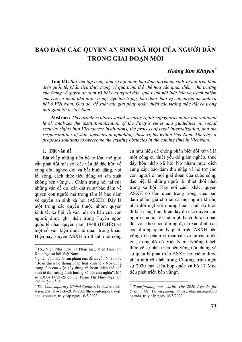 BẢO ĐẢM CÁC QUYỀN AN SINH XÃ HỘI CỦA NGƯỜI DÂN TRONG GIAI ĐOẠN MỚI