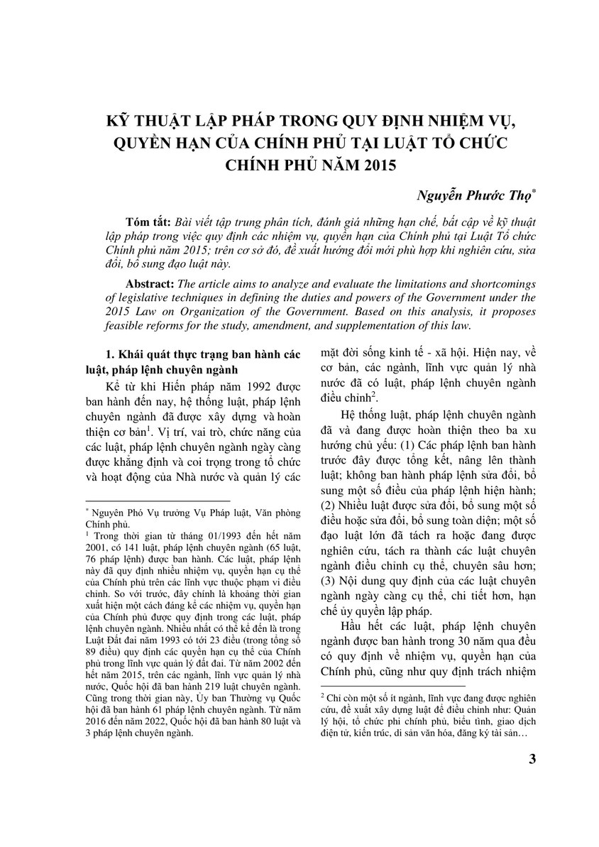 KỸ THUẬT LẬP PHÁP TRONG QUY ĐỊNH NHIỆM VỤ, QUYỀN HẠN CỦA CHÍNH PHỦ TẠI LUẬT TỔ CHỨC CHÍNH PHỦ NĂM 2015