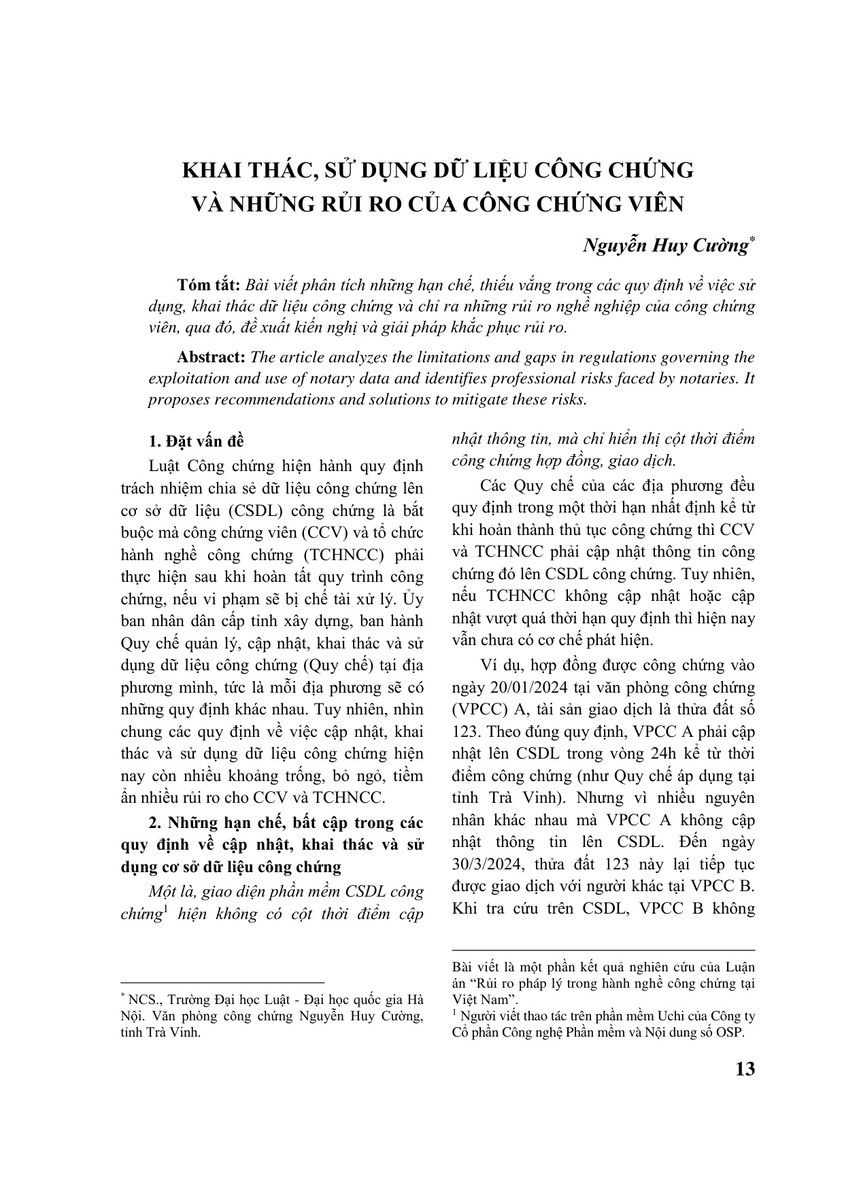KHAI THÁC, SỬ DỤNG DỮ LIỆU CÔNG CHỨNG VÀ NHỮNG RỦI RO CỦA CÔNG CHỨNG VIÊN