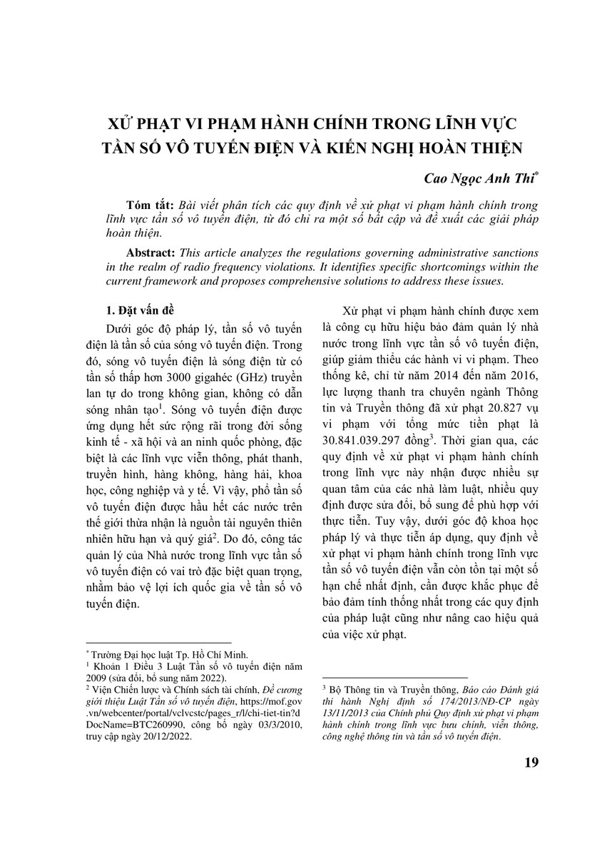 XỬ PHẠT VI PHẠM HÀNH CHÍNH TRONG LĨNH VỰC TẦN SỐ VÔ TUYẾN ĐIỆN VÀ KIẾN NGHỊ HOÀN THIỆN