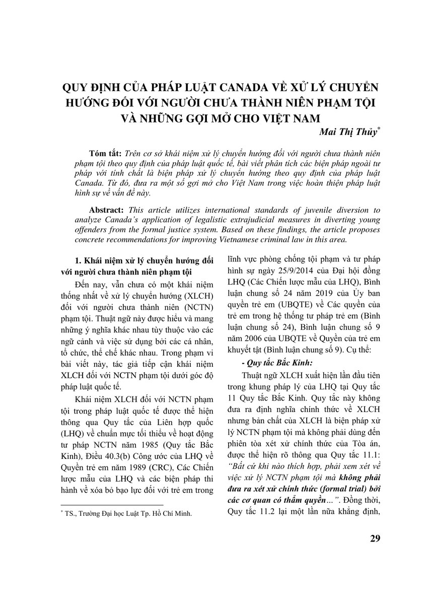 QUY ĐỊNH CỦA PHÁP LUẬT CANADA VỀ XỬ LÝ CHUYỂN HƯỚNG ĐỐI VỚI NGƯỜI CHƯA THÀNH NIÊN PHẠM TỘI VÀ NHỮNG GỢI MỞ CHO VIỆT NAM