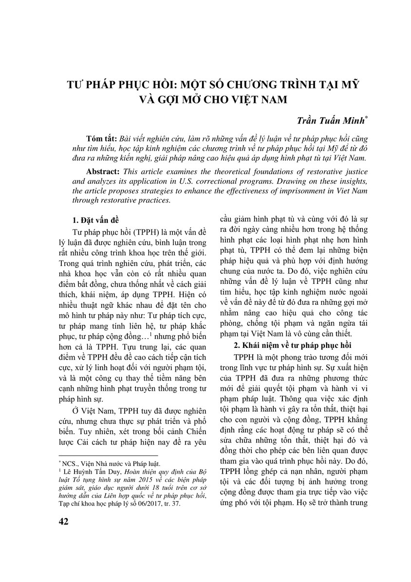 TƯ PHÁP PHỤC HỒI: MỘT SỐ CHƯƠNG TRÌNH TẠI MỸ VÀ GỢI MỞ CHO VIỆT NAM