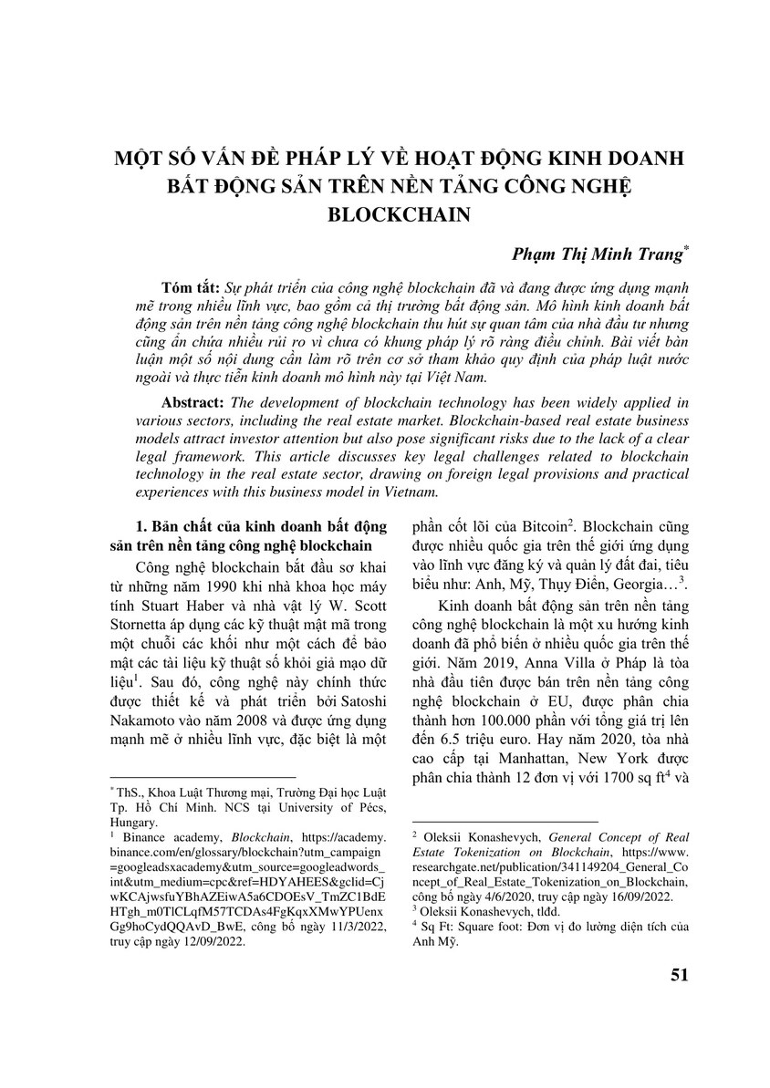 MỘT SỐ VẤN ĐỀ PHÁP LÝ VỀ HOẠT ĐỘNG KINH DOANH BẤT ĐỘNG SẢN TRÊN NỀN TẢNG CÔNG NGHỆ BLOCKCHAIN