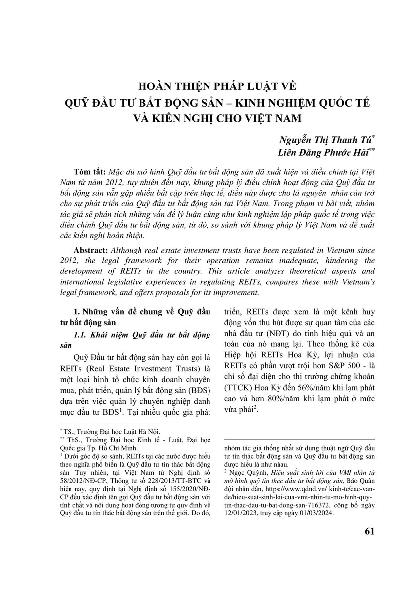 HOÀN THIỆN PHÁP LUẬT VỀ QUỸ ĐẦU TƯ BẤT ĐỘNG SẢN – KINH NGHIỆM QUỐC TẾ VÀ KIẾN NGHỊ CHO VIỆT NAM