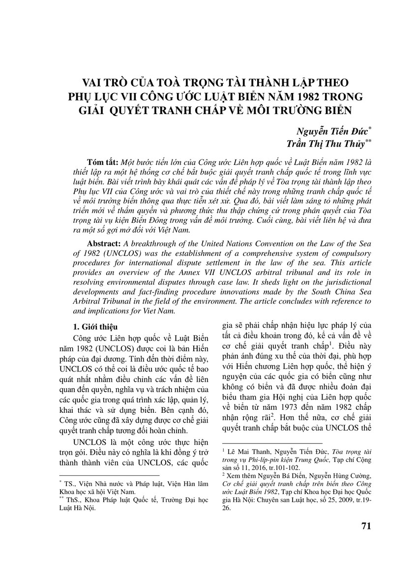 VAI TRÒ CỦA TOÀ TRỌNG TÀI THÀNH LẬP THEO PHỤ LỤC VII CÔNG ƯỚC LUẬT BIỂN NĂM 1982 TRONG GIẢI QUYẾT TRANH CHẤP VỀ MÔI TRƯỜNG BIỂN