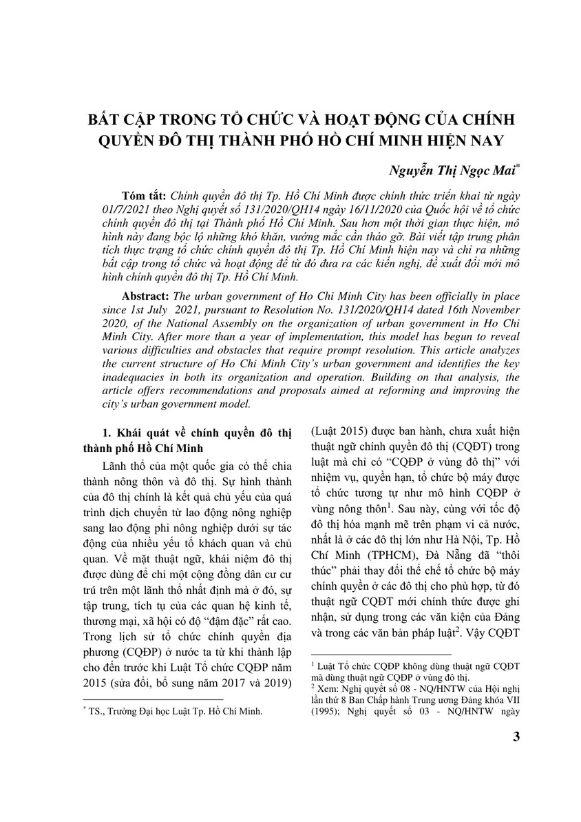 BẤT CẬP TRONG TỔ CHỨC VÀ HOẠT ĐỘNG CỦA CHÍNH QUYỀN ĐÔ THỊ THÀNH PHỐ HỒ CHÍ MINH HIỆN NAY
