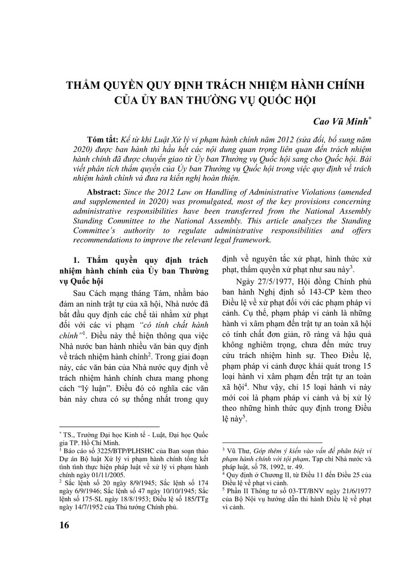THẨM QUYỀN QUY ĐỊNH TRÁCH NHIỆM HÀNH CHÍNH CỦA ỦY BAN THƯỜNG VỤ QUỐC HỘI