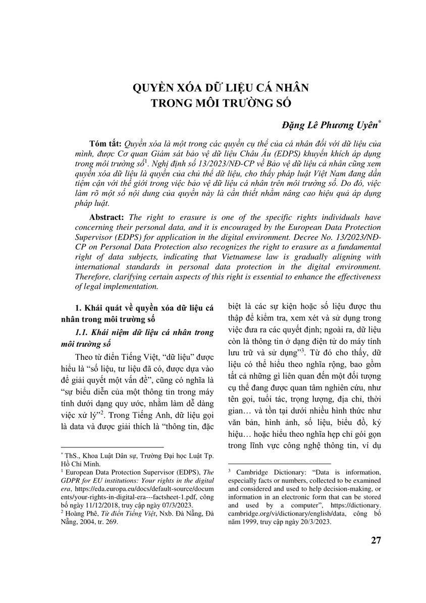 QUYỀN XÓA DỮ LIỆU CÁ NHÂN TRONG MÔI TRƯỜNG SỐ