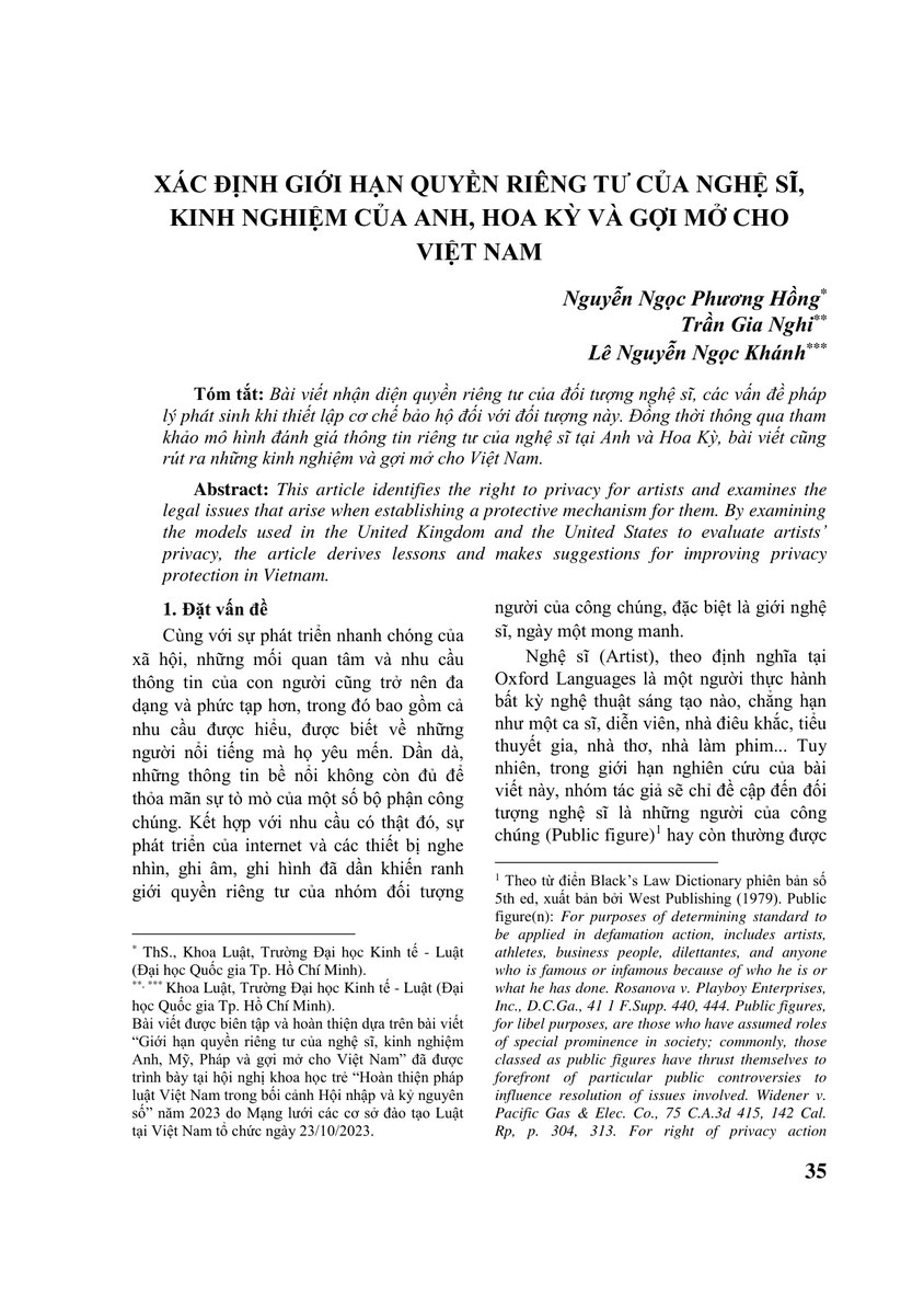XÁC ĐỊNH GIỚI HẠN QUYỀN RIÊNG TƯ CỦA NGHỆ SĨ, KINH NGHIỆM CỦA ANH, HOA KỲ VÀ GỢI MỞ CHO VIỆT NAM
