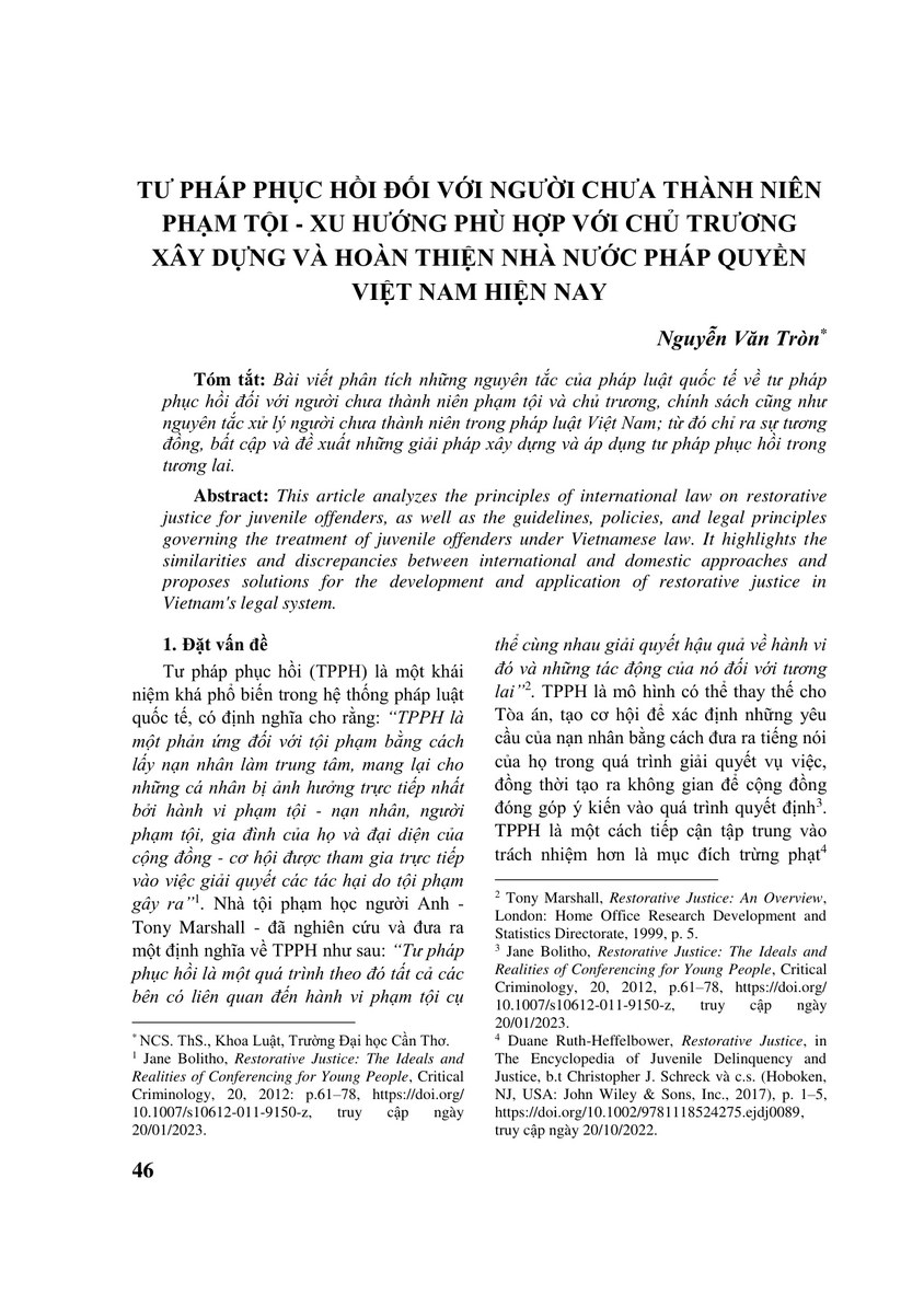 TƯ PHÁP PHỤC HỒI ĐỐI VỚI NGƯỜI CHƯA THÀNH NIÊN PHẠM TỘI - XU HƯỚNG PHÙ HỢP VỚI CHỦ TRƯƠNG XÂY DỰNG VÀ HOÀN THIỆN NHÀ NƯỚC PHÁP QUYỀN VIỆT NAM HIỆN NAY
