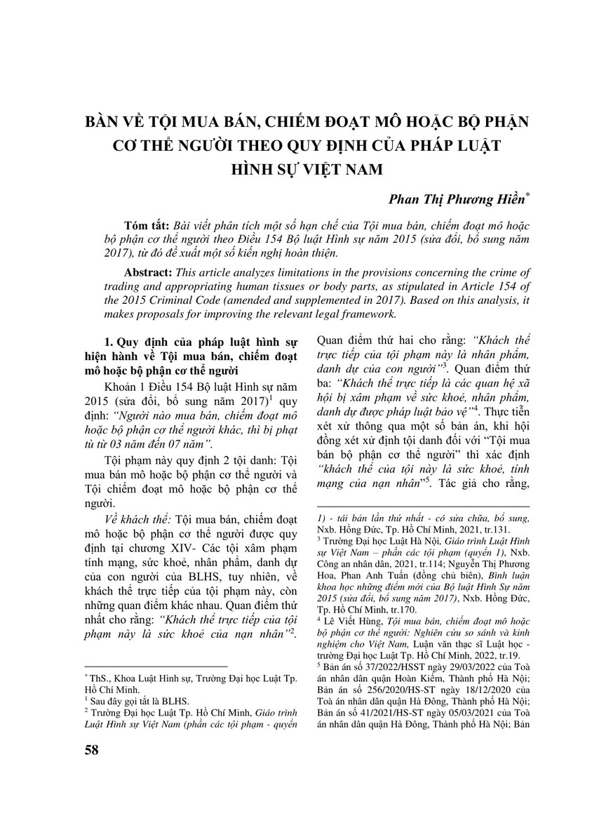 BÀN VỀ TỘI MUA BÁN, CHIẾM ĐOẠT MÔ HOẶC BỘ PHẬN CƠ THỂ NGƯỜI THEO QUY ĐỊNH CỦA PHÁP LUẬT HÌNH SỰ VIỆT NAM
