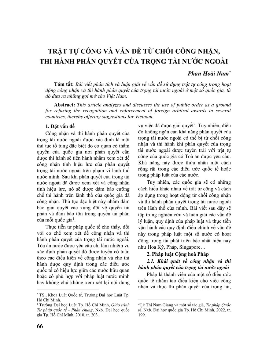 TRẬT TỰ CÔNG VÀ VẤN ĐỀ TỪ CHỐI CÔNG NHẬN, THI HÀNH PHÁN QUYẾT CỦA TRỌNG TÀI NƯỚC NGOÀI
