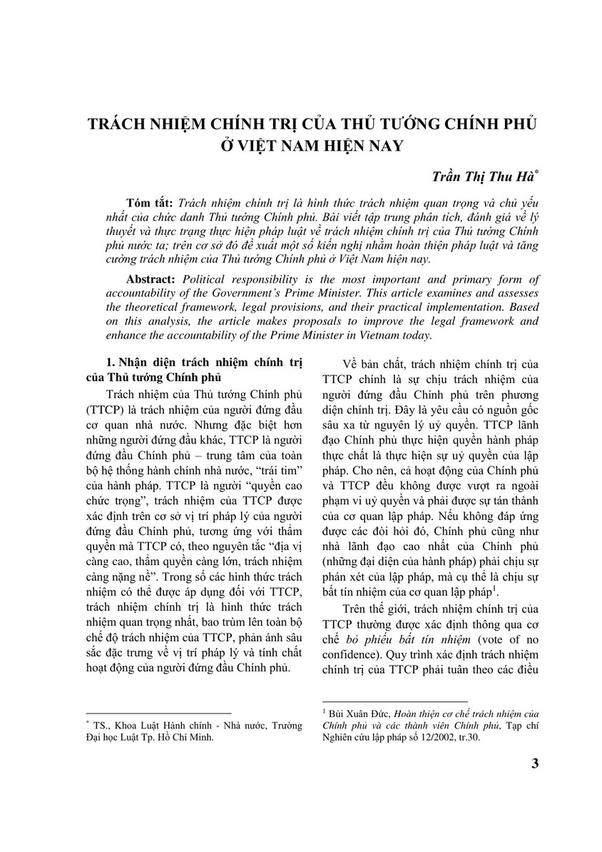 TRÁCH NHIỆM CHÍNH TRỊ CỦA THỦ TƯỚNG CHÍNH PHỦ Ở VIỆT NAM HIỆN NAY