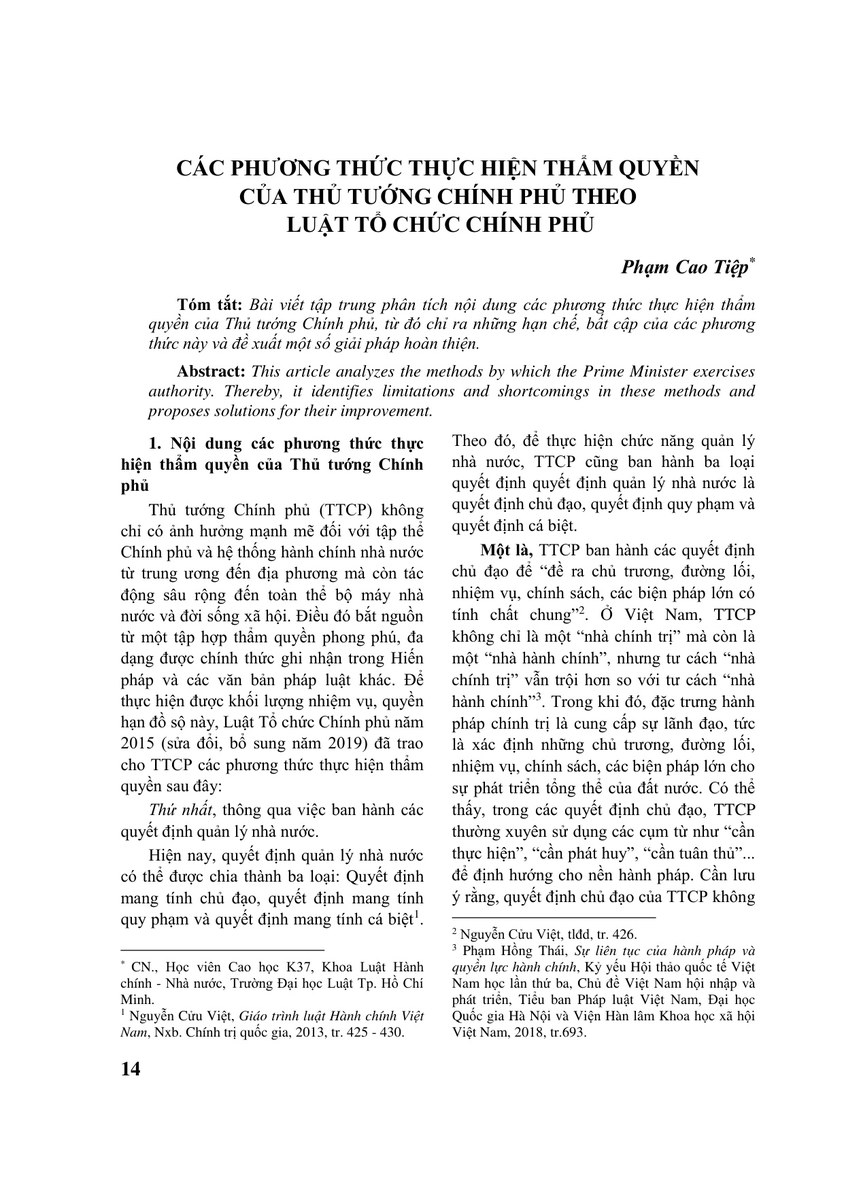 CÁC PHƯƠNG THỨC THỰC HIỆN THẨM QUYỀN CỦA THỦ TƯỚNG CHÍNH PHỦ THEO LUẬT TỔ CHỨC CHÍNH PHỦ