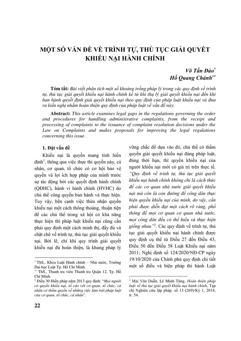 MỘT SỐ VẤN ĐỀ VỀ TRÌNH TỰ, THỦ TỤC GIẢI QUYẾT KHIẾU NẠI HÀNH CHÍNH