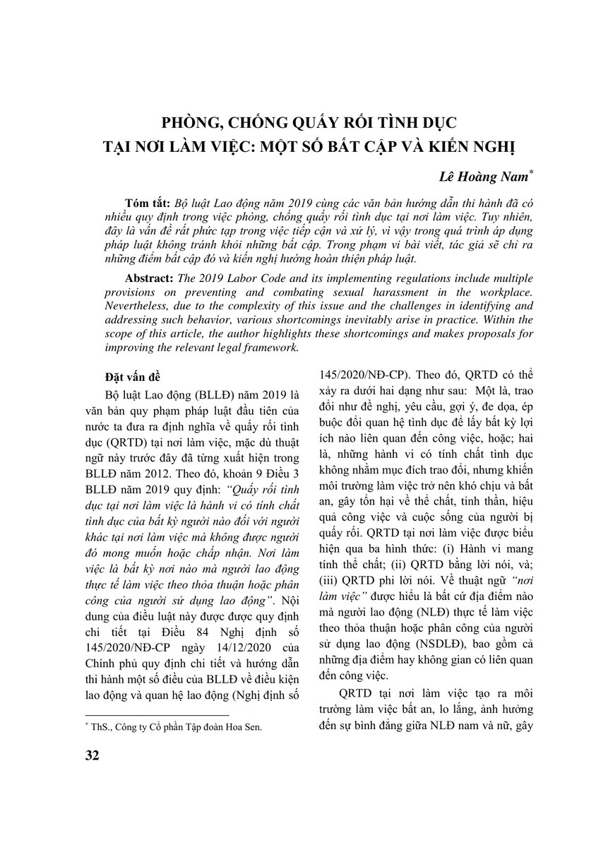 PHÒNG, CHỐNG QUẤY RỐI TÌNH DỤC TẠI NƠI LÀM VIỆC: MỘT SỐ BẤT CẬP VÀ KIẾN NGHỊ