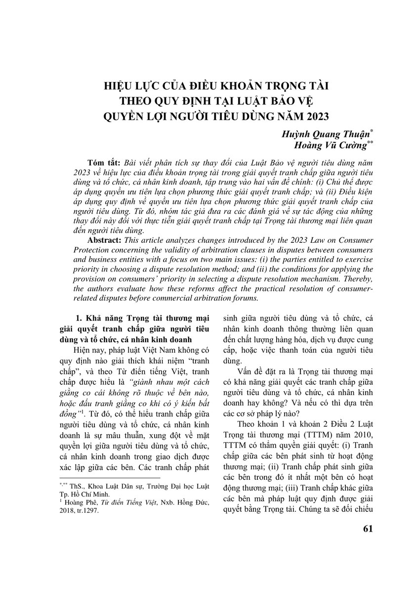 HIỆU LỰC CỦA ĐIỀU KHOẢN TRỌNG TÀI THEO QUY ĐỊNH TẠI LUẬT BẢO VỆ QUYỀN LỢI NGƯỜI TIÊU DÙNG NĂM 2023