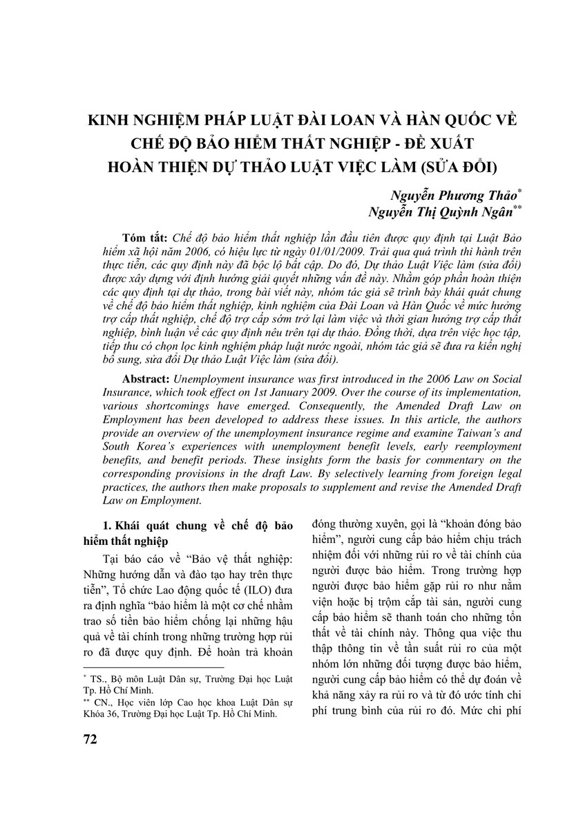 KINH NGHIỆM PHÁP LUẬT ĐÀI LOAN VÀ HÀN QUỐC VỀ CHẾ ĐỘ BẢO HIỂM THẤT NGHIỆP - ĐỀ XUẤT HOÀN THIỆN DỰ THẢO LUẬT VIỆC LÀM (SỬA ĐỔI)