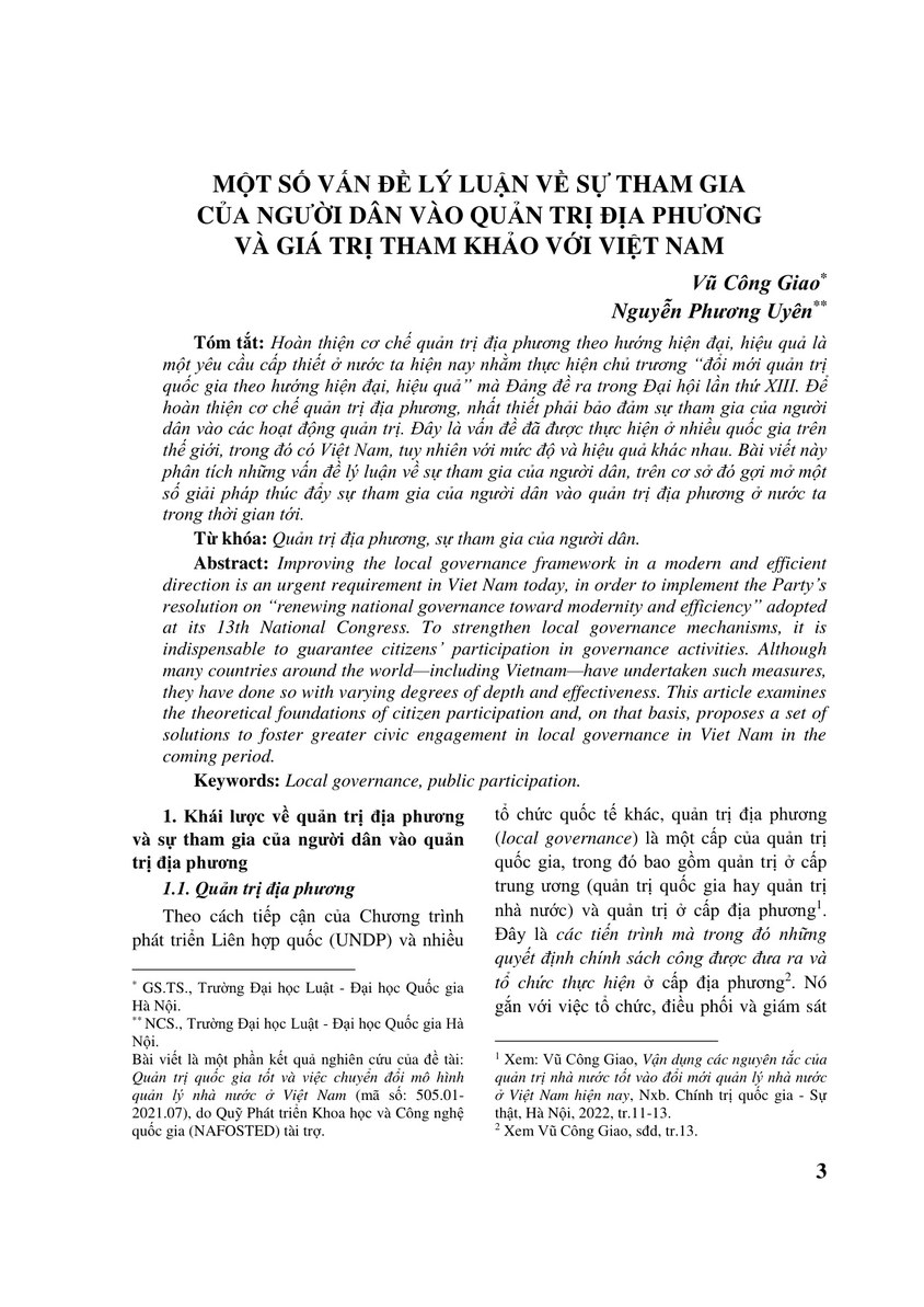 MỘT SỐ VẤN ĐỀ LÝ LUẬN VỀ SỰ THAM GIA CỦA NGƯỜI DÂN VÀO QUẢN TRỊ ĐỊA PHƯƠNG VÀ GIÁ TRỊ THAM KHẢO VỚI VIỆT NAM