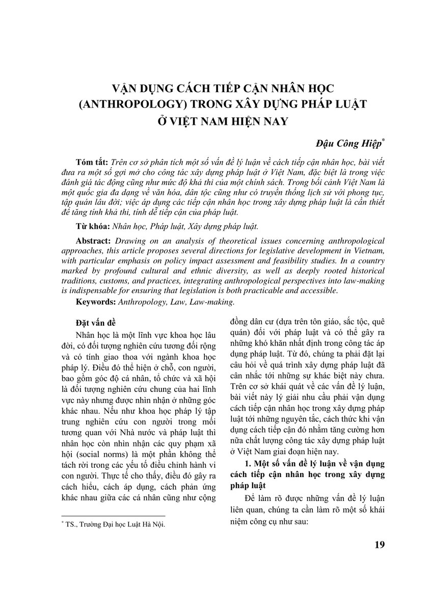 VẬN DỤNG CÁCH TIẾP CẬN NHÂN HỌC (ANTHROPOLOGY) TRONG XÂY DỰNG PHÁP LUẬT Ở VIỆT NAM HIỆN NAY