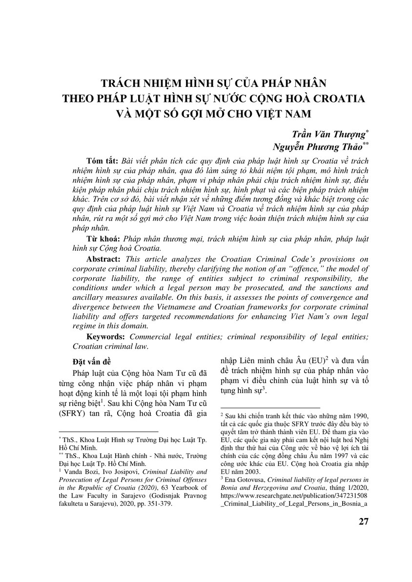 TRÁCH NHIỆM HÌNH SỰ CỦA PHÁP NHÂN THEO PHÁP LUẬT HÌNH SỰ NƯỚC CỘNG HOÀ CROATIA VÀ MỘT SỐ GỢI MỞ CHO VIỆT NAM