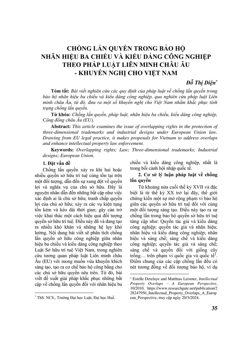 CHỒNG LẤN QUYỀN TRONG BẢO HỘ NHÃN HIỆU BA CHIỀU VÀ KIỂU DÁNG CÔNG NGHIỆP THEO PHÁP LUẬT LIÊN MINH CHÂU ÂU - KHUYẾN NGHỊ CHO VIỆT NAM