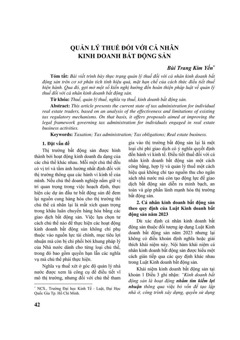 QUẢN LÝ THUẾ ĐỐI VỚI CÁ NHÂN KINH DOANH BẤT ĐỘNG SẢN