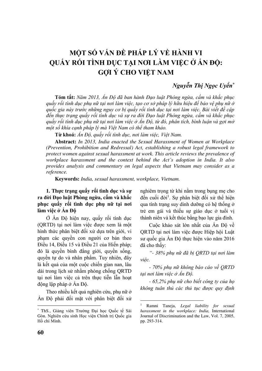 MỘT SỐ VẤN ĐỀ PHÁP LÝ VỀ HÀNH VI QUẤY RỐI TÌNH DỤC TẠI NƠI LÀM VIỆC Ở ẤN ĐỘ: GỢI Ý CHO VIỆT NAM