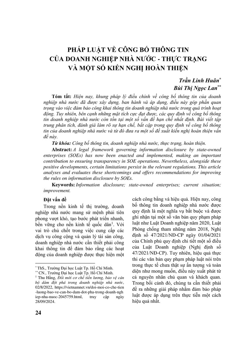 PHÁP LUẬT VỀ CÔNG BỐ THÔNG TIN CỦA DOANH NGHIỆP NHÀ NƯỚC - THỰC TRẠNG VÀ MỘT SỐ KIẾN NGHỊ HOÀN THIỆN